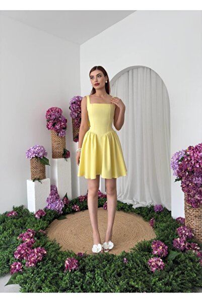 Caddebostan Moda Back Detailed Bowknot Mini Evening Dress Square Neckline Hom...