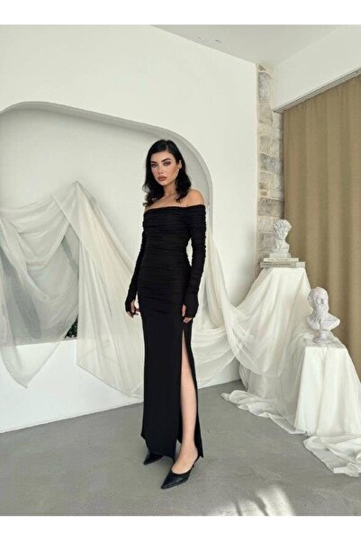 Caddebostan Moda Boat Neck Long Sleeve Draped Dress Evening Gown Homecoming D...