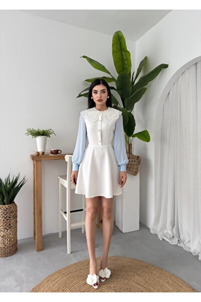 Caddebostan Moda Pearl Detailed Baby Collar Long Sleeve Stylish Mini Dress