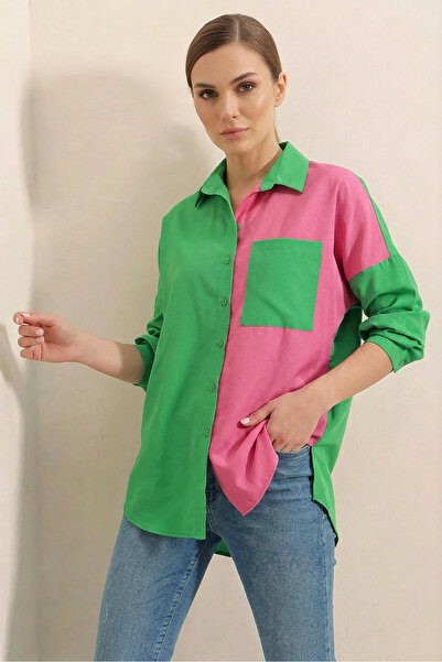 Efnaz style Women's Color Block Oversized Cotton Green Shirt