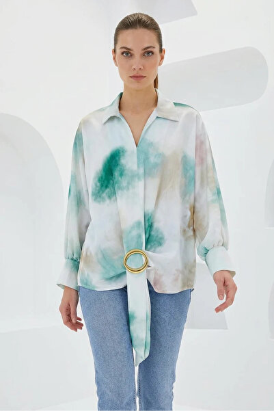 Generic Brand Women's Belted Draped Oversized Patterned Satin Green Ecru Shirt
