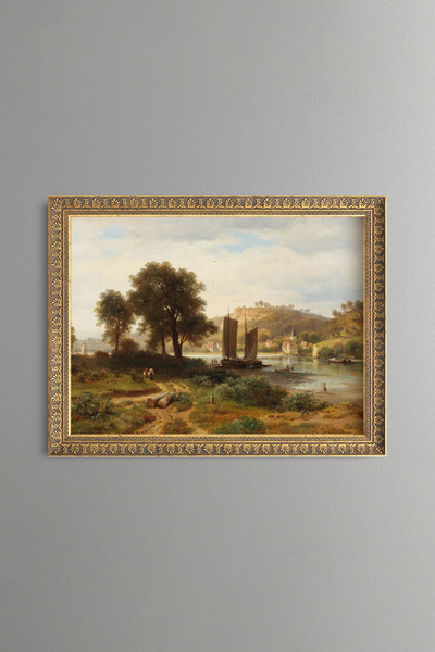 epiqart Sailboats on the River - Vintage Patterned Frame - Slim Model