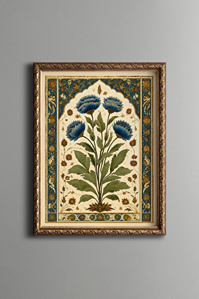 epiqart Mavi Çiçekli Kompozisyon - Vintage Desenli Çerçeve - İnce Model