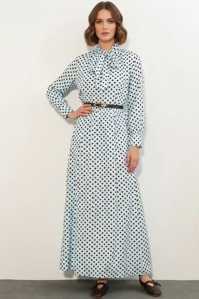 buğrahayalin Women's Scarf Collar Belted Polka Dot Blue Hijab Dress