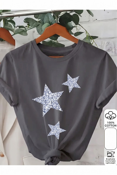 shidumanlar Tricou din bumbac pieptănat cu design Star Starry, fumuriu, supra...