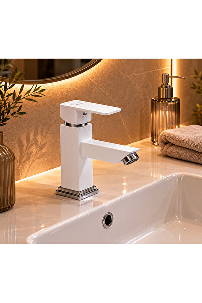 RALKEN Beyaz Kare Lavabo Bataryası | %100 Pirinç | Kare Tip Gövde | Çift Su G...