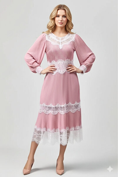 FULLJOY Pink Pleated Long Evening Dress with White Lace and Long Sleeves Eleg...