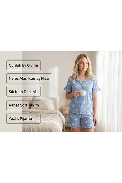 Nior iç giyim Women's Blue Heart Patterned Shorts Pajama Set, Buttoned Short ...