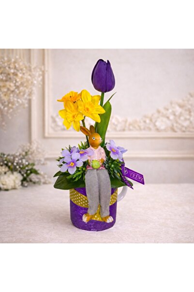 velve Aranjament floral de Paste Purple Bunny cu iepuras decorativ in cana ce...