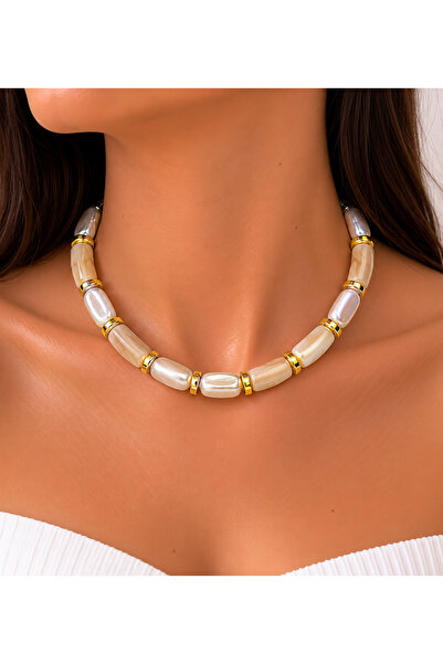 Girift Vintage Zolav Cream Color Coarse Stone Detailed Pearl Appearance Necklace