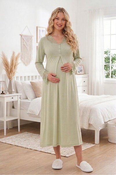 Lohussa New Season Women's Green Shawl Collar Lace Detailed Nursing-Friendly Long Sleeve Special Design Maternity Nightgown Set