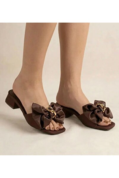 yıldızpark Brown Gold Buckle 4 cm Women's Heeled Slippers