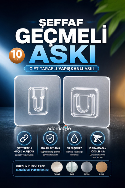 adornazzle Çift Taraflı Geçmeli Yapışkanlı Askı, Geçmeli Şeffaf Eşya Sabitlem...