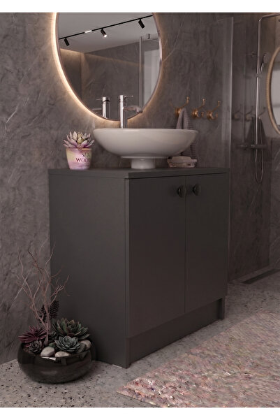 EGN WOODS Antrasit Lavabo Altı Banyo Dolabı - 2 Kapaklı 2 Bölmeli Modüler Depolama Dolabı