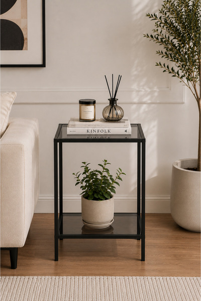 AVİBO HOME Verde Yan Sehpa Metal Füme Cam Raflı Modern Sehpa 30*40*60 cm