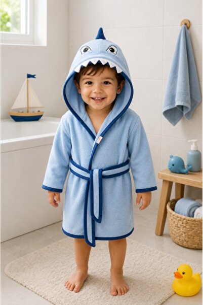Superbaby Halat de baie Premium, albastru, Shark, model 3D, Ramel