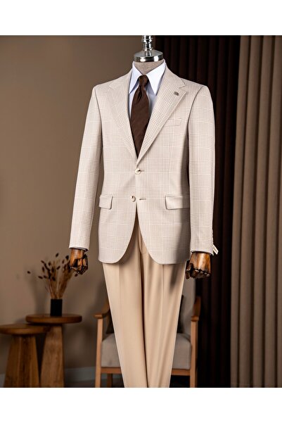 TerziAdemAltun Slim Fit Men's Mono Collar Houndstooth Patterned Jacket Beige ...