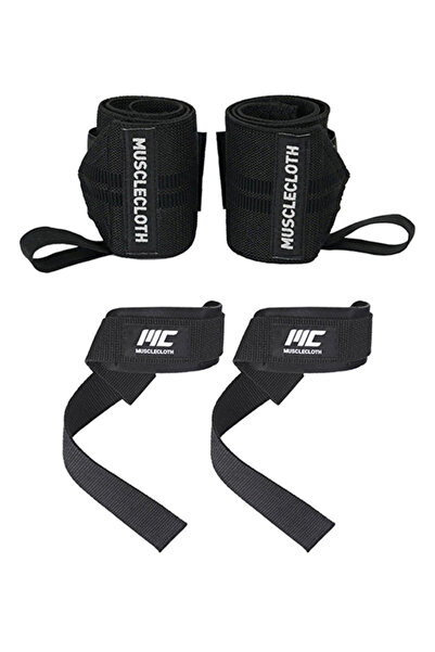MUSCLECLOTH Pro Wrist Wraps + Padded Lifting Straps Seti Siyah