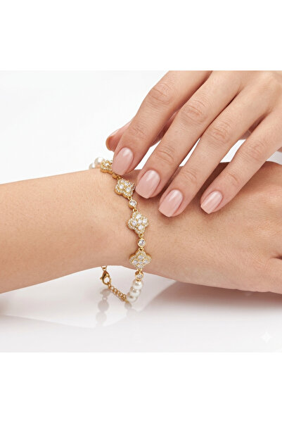 Generic Gold-Tone Pearl & Crystal Flower Bracelet for Women - Faux Pearl Flor...