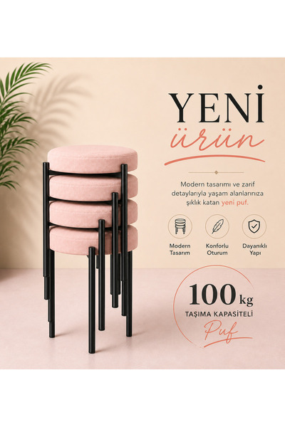 EDMONDA EV AKSESUAR 4 ADET METAL YUVARLAK PUF MUTFAK TABURESİ