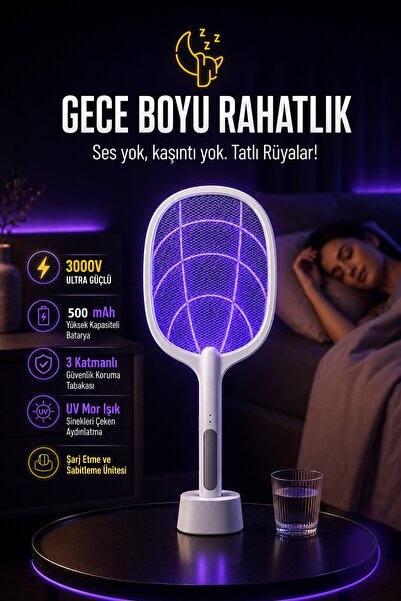 Telvesse 7/24 Şarjlı Elektrikli Sinek Raketi Standlı Sivrisinek Haşere Öldürü...