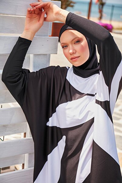 Marina Swimwear Full Covered Hijab Swimsuit Set Black and White Geometric Pat...