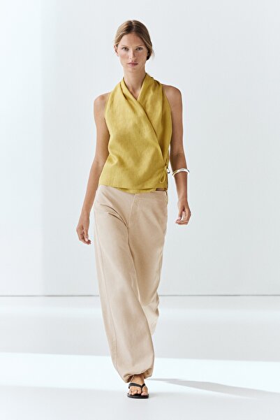 Massimo Dutti %100 keten kruvaze halter yaka top
