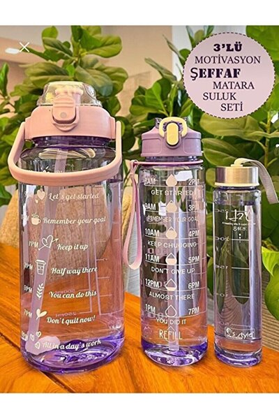 MirzaQ 3 Lü Set ŞEFFAF Motivasyon Su Matarası Şişesi Suluk Tritan Su Şişesi