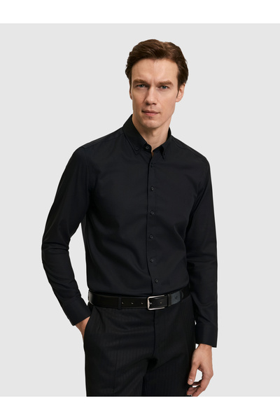 Cacharel Black Slim Fit Long Sleeve Basic Shirt 50325041-Vr046