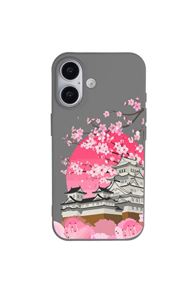 Casen iPhone 16 Gri Lansman Sakura Renkli Silikon Kılıfı