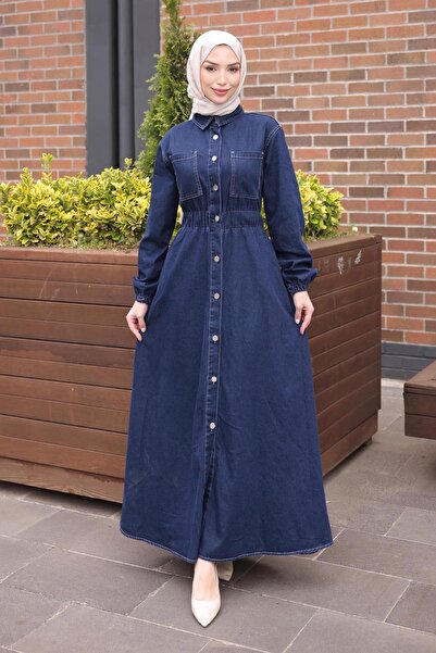 İmajButik Navy Blue Elastic Waist Buttoned Denim Dress