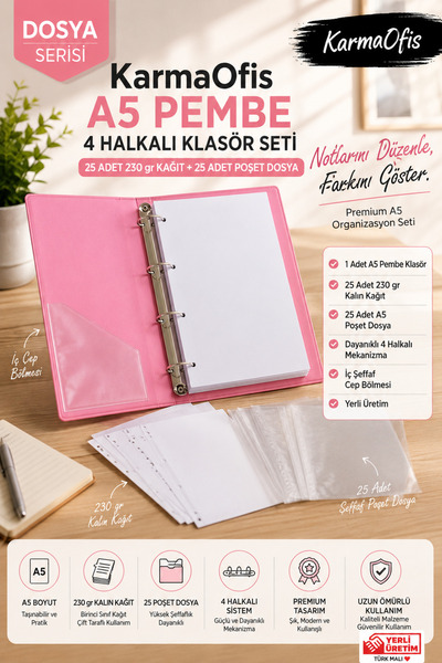 KarmaOfis A5 Pembe 4 Halkalı Klasör Seti 25 Adet 230 gr Karton Kağıt + 25 Poş...