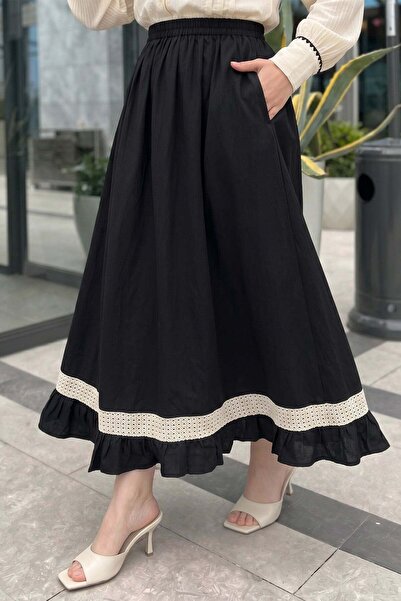 Salih Çelebi Embroidery Detailed Skirt Y0144 - Black