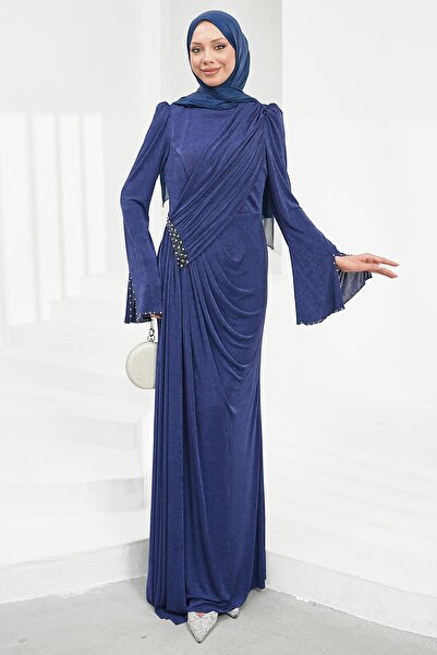 İmajButik Navy Blue Gathered Waist Stone Evening Dress