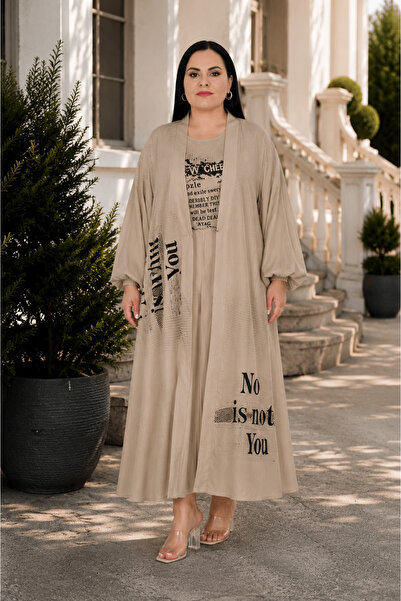 DARKWIN Plus Size Crew Neck Double Letter Print Midi Length Women's Dress