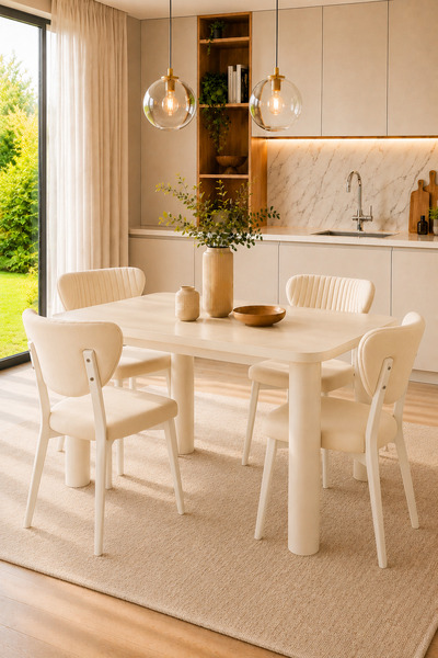 formood 4'lü Mutfak Sandalyesi Modern Krem Kumaş Salon Sandalyesi Beyaz Ayak ...