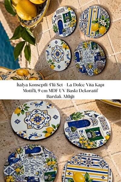 nesnelgift İtalya Konseptli 4'lü Set – La Dolce Vita Kapı Motifli, 9 cm MDF UV Baskı Dekoratif Bardak Altlığı