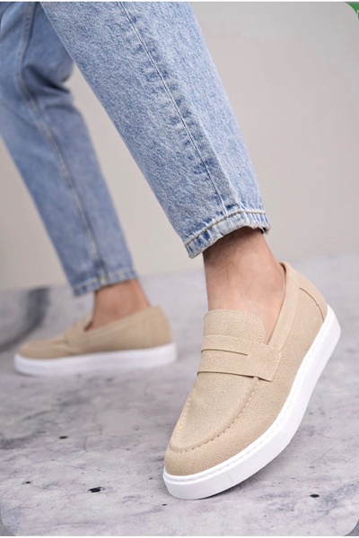 MirgeShoes Krem Bağcıksız Erkek Loafer Ayakkabı Süet Kuşaklı Yüksek BYZ Taban...
