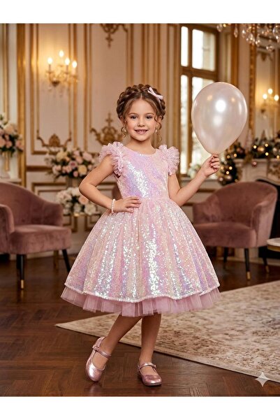 Luvia Kids Dress Kol Fırfır Pullu Elbise Düğün Nişan Parti Gösteri Elbisesi