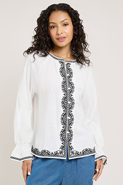 R&B Embroidered Top with Round Neck and Long Sleeves