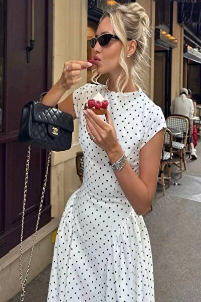 OWERALL Women's Polka Dot Midi Dress with Waist Detail, Stylish Detailed Shor...