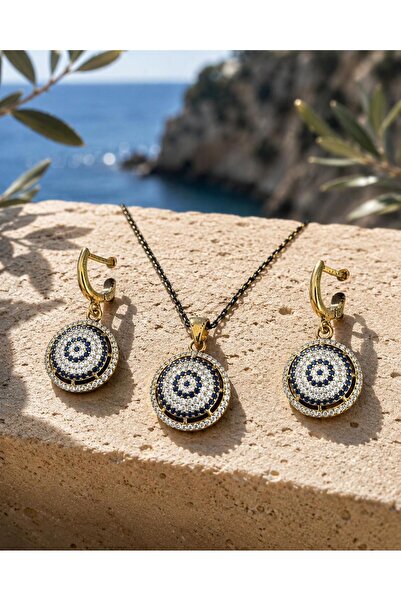 Shinestar atelier Gold Renk Nazar Boncuğu Taşlı Kolye ve Küpe Kadın Takı Seti...