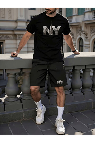 ship master Men's Oversize Ny City Silhouette Printed T-Shirt Shorts Set 100%...