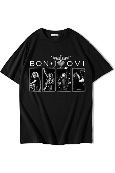 BRZ COLLECTION Unisex Oversize Bon Jovi T-shirt (Siyah)