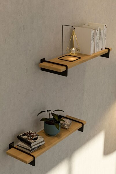 İda Wooden Alto 50 cm Meşe Metal Ayaklı Duvar Rafı - Demir Ayaklı Duvar Kitap...