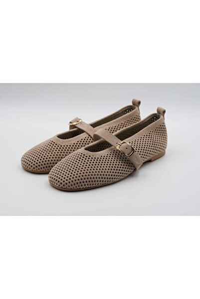 Bucuga Shoes Aren Bej Süet Deri Kadın Delikli Babet