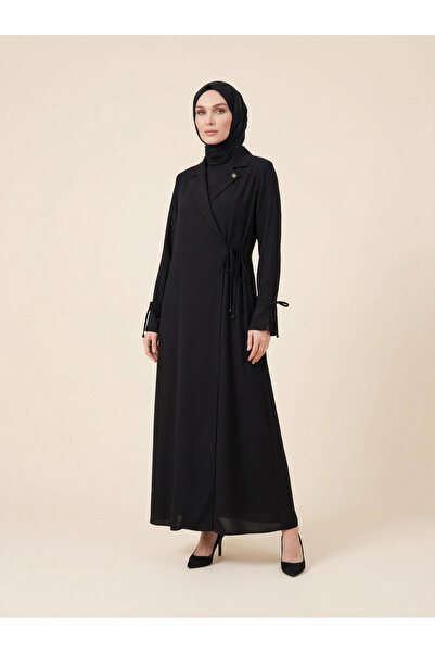 Beyza Ferace Jacket with Collar, Side Tie, Long Sleeves, Cuff Detail, Black 9...
