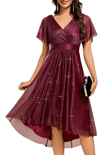 OEM Elegant burgundy summer dress, knee-length, V-neck, short sleeves, 36