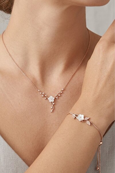 Bijuty Sarmaşık Manolya Çiçeği Kolye ve Bileklik 2'li Set - 14K Rose Renk - (...