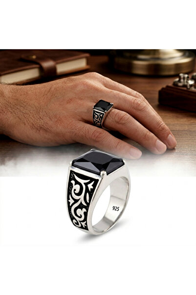 Argento Silver Gümüş Yüzük 925 Ayar SİYAH Zirkon Taşlı